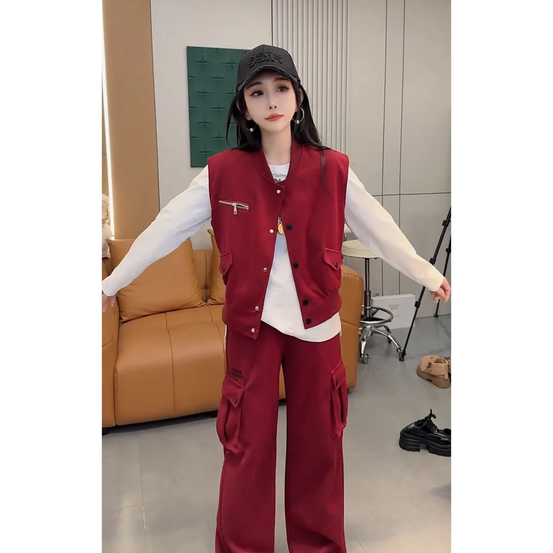 秋季洋气宽松休闲工装三件套68136新款网红时尚+马夹+小衫+束脚裤