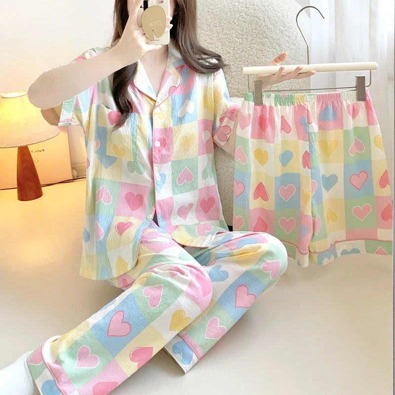 爱心睡衣云朵棉春夏季三件套短袖短裤长裤女套装印花卡通宽松