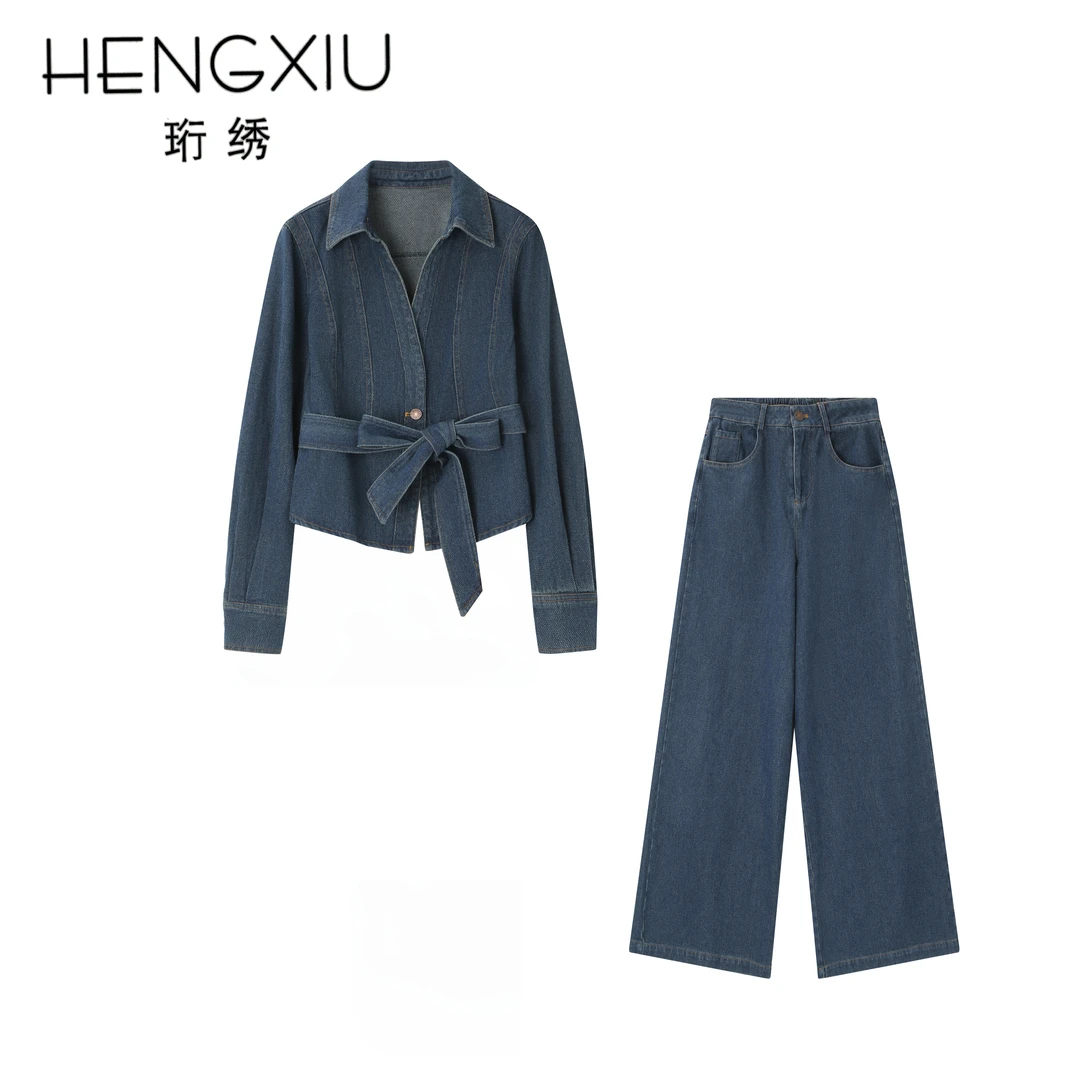 珩绣2025年新款时尚休闲修身气质牛仔外套+直筒牛仔裤套装1062-1