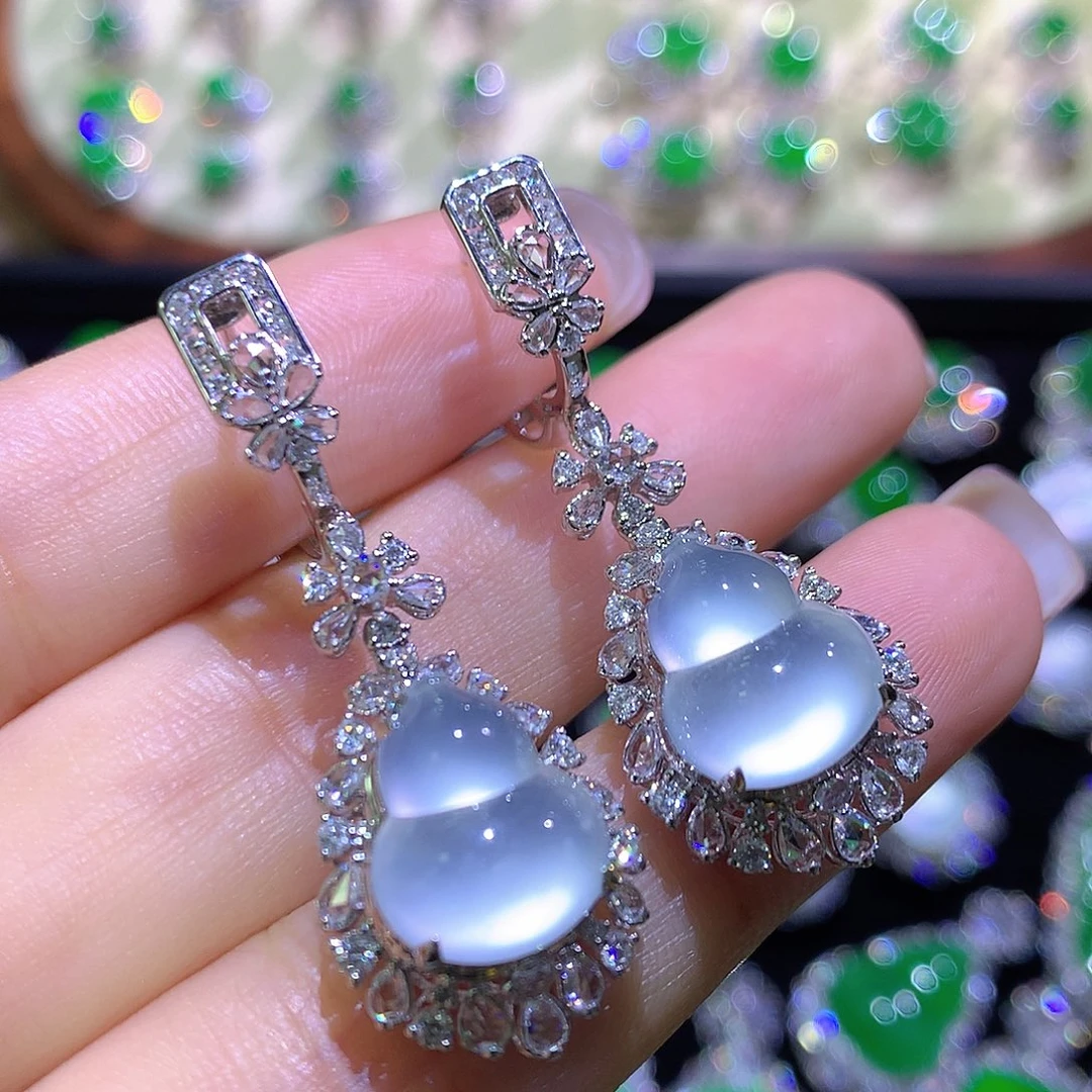 翡翠18K金镶嵌耳饰玻璃种葫芦