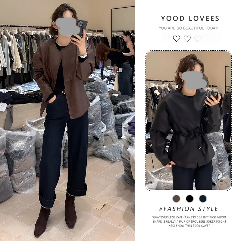 春秋高级感赫本风黑色圆领pu皮衣外套高腰显瘦直筒阔腿裤两件套潮