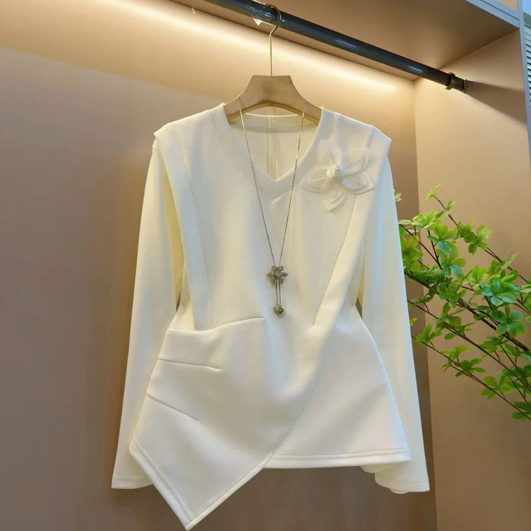 秋季韩系时尚女装气质新款设计感大花V领百搭上衣（长59左右）