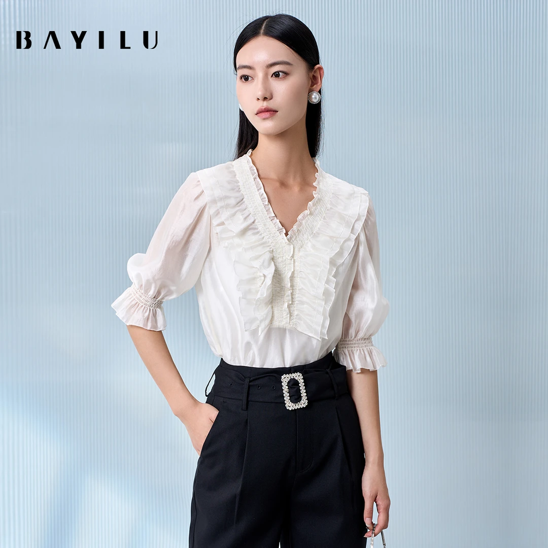 【小铃铛】芭依璐夏季衬衫女法式v领显瘦上衣90C1028