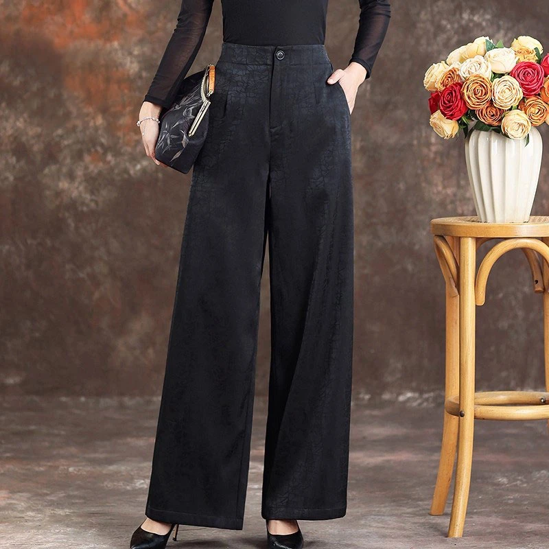 龟纹黑色加绒休闲裤女2025秋冬妈妈装加厚高腰弹力百搭通勤阔腿裤