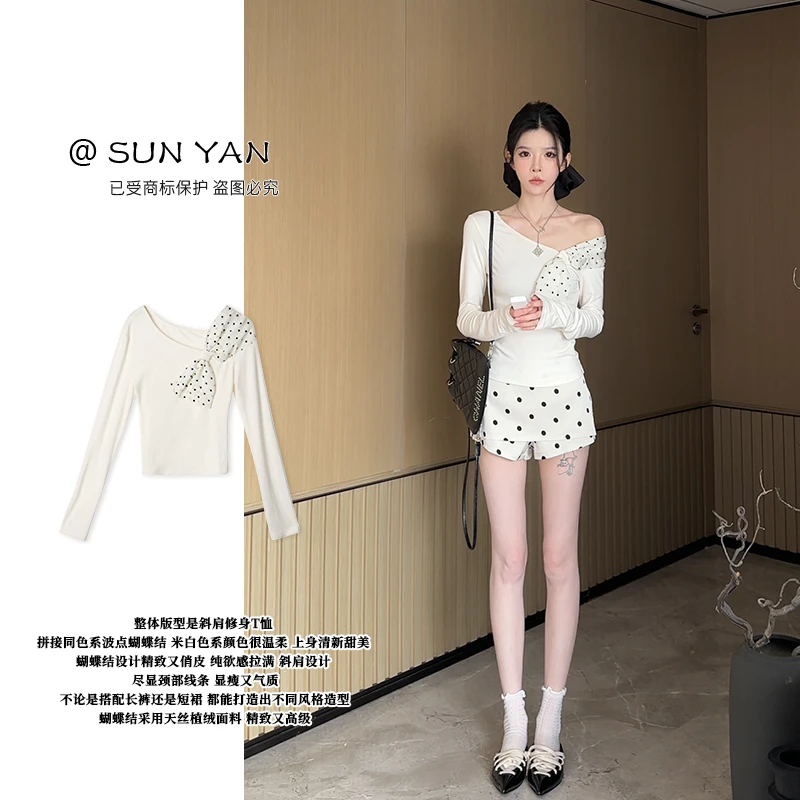 孙妍新款【蝶心上衣】时尚设计感波点蝴蝶结斜肩休闲长袖针织上衣女