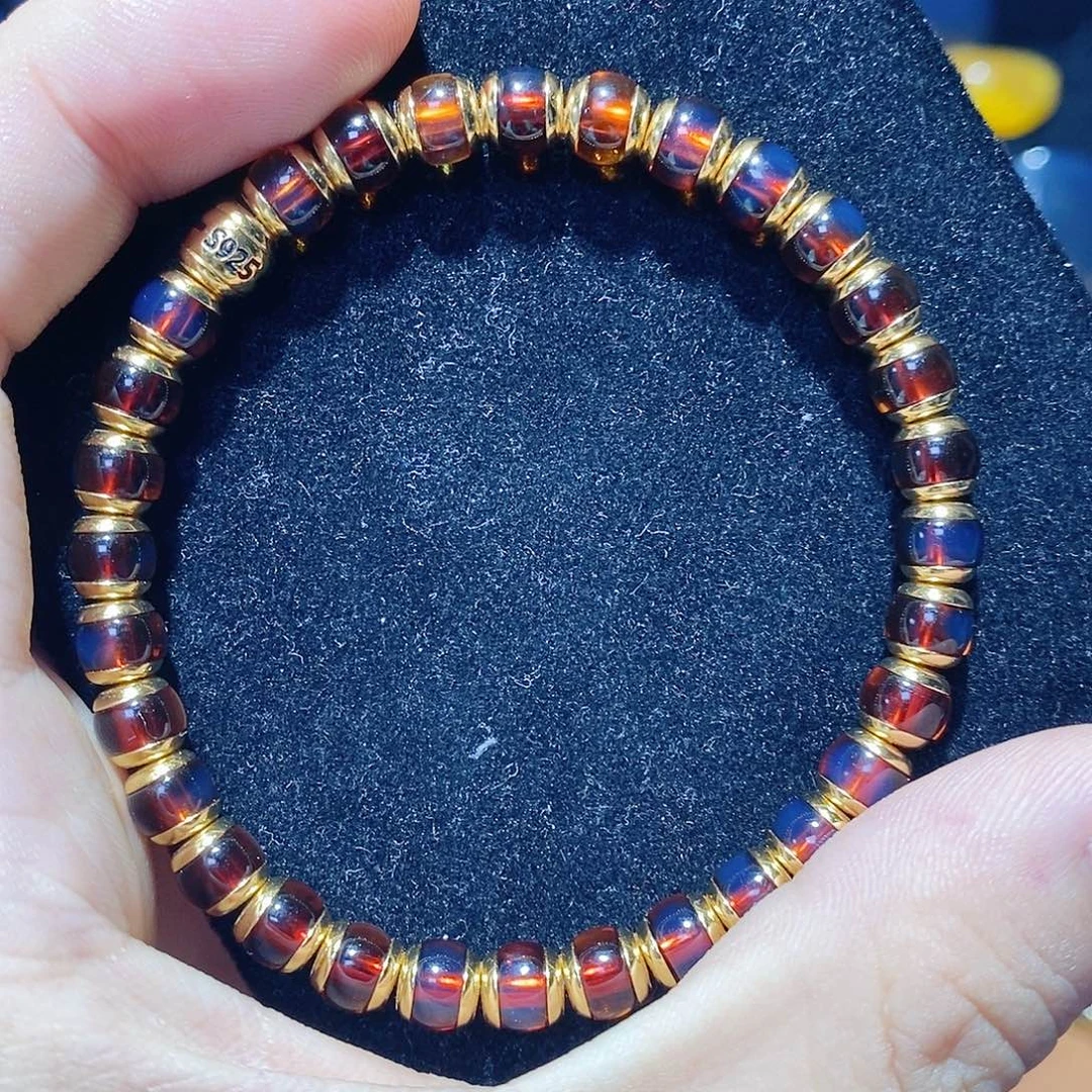 蓝珀银S925镀金镶嵌珠宝奇石6MM墨西哥红蓝