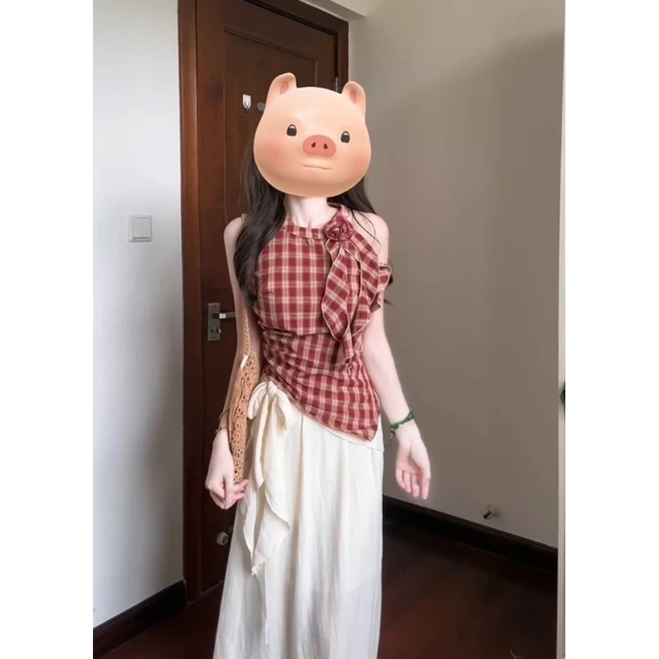 2025夏季新款韩系气质圆领格纹无袖花朵上衣设计感高腰显瘦半身裙