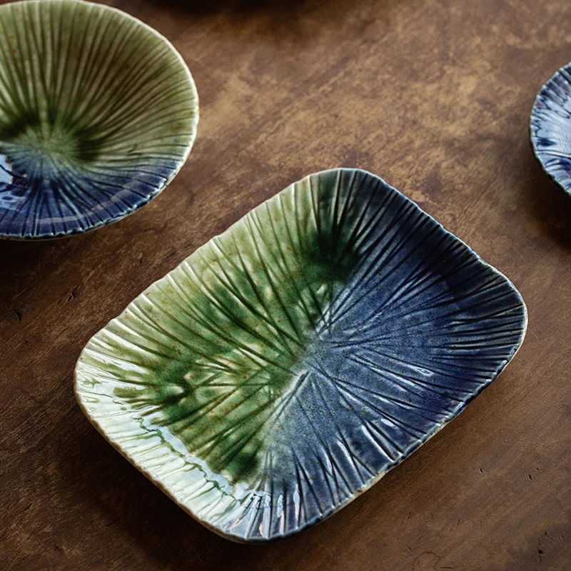 日本进口旷蓝绿野双色盘陶瓷创意复古撞色大钵餐盘日式家用盘子