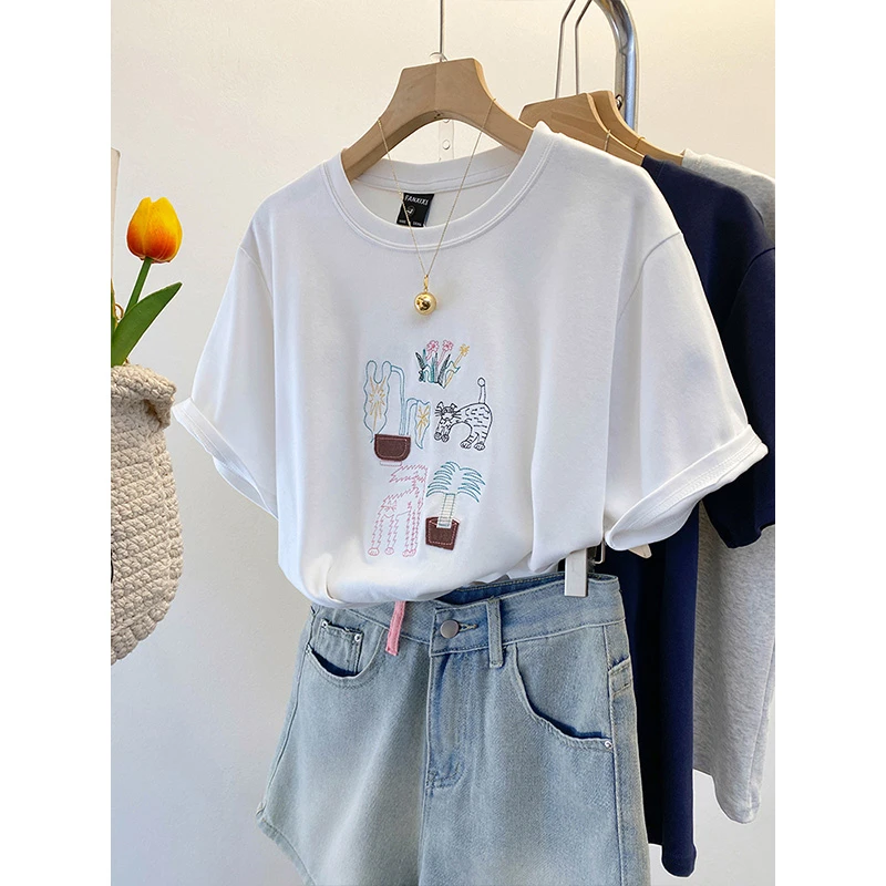 刺绣短袖T恤女小个子夏季韩系百搭200斤胖mm大码宽松休闲上衣