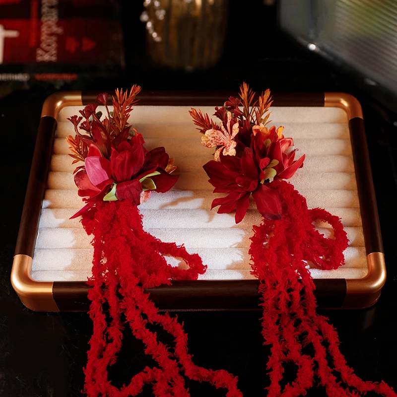 新中式红色仿真花朵发饰新娘结婚敬酒服头饰流苏造型晨袍旗袍配饰