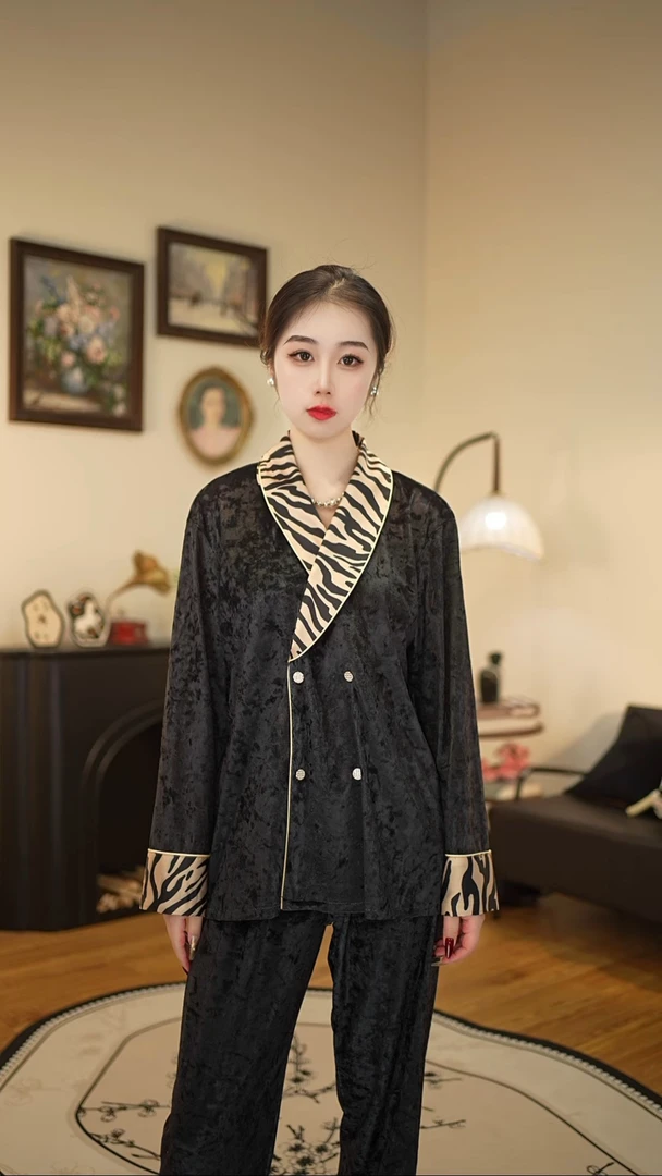 妍色物语【千山暮雪】家居服套装雪花绒气质翻领休闲睡衣