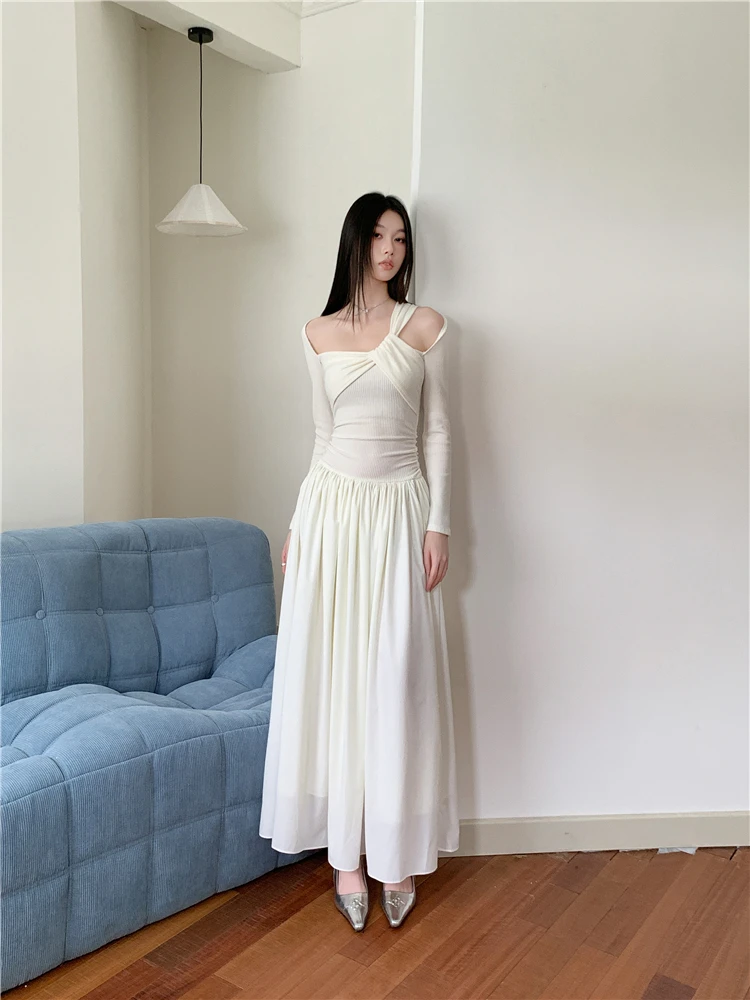 白色针织拼接长袖连衣裙女春夏法式气质御姐风设计感收腰a字长裙