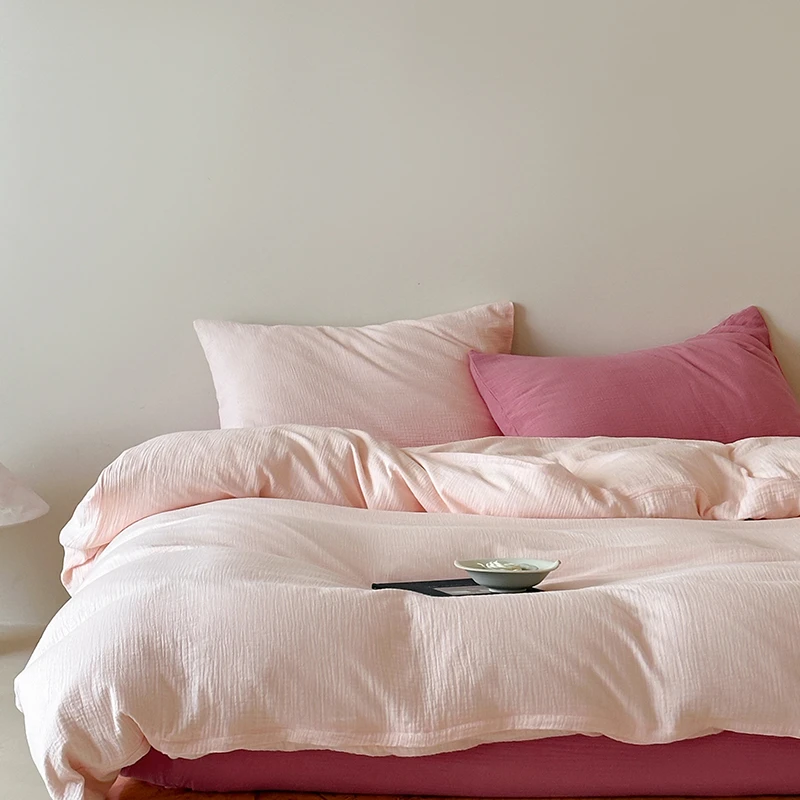 【A类纯色拼色多巴胺双层皱皱纱四件套】超软糯叽叽床品床上用品