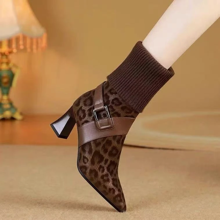 欧美绒面豹纹中筒靴复古高跟靴女2025秋冬款时尚尖头粗跟短筒短靴
