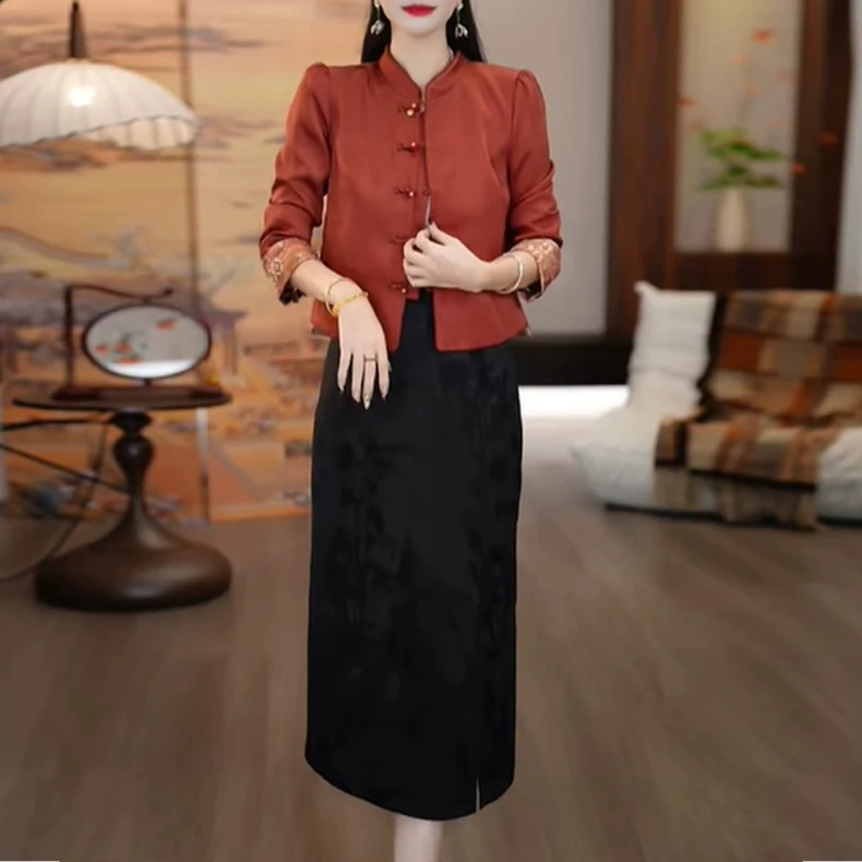 高档缎绣外套裙子两件套装礼服裙2025秋季新款新中式优雅连衣裙