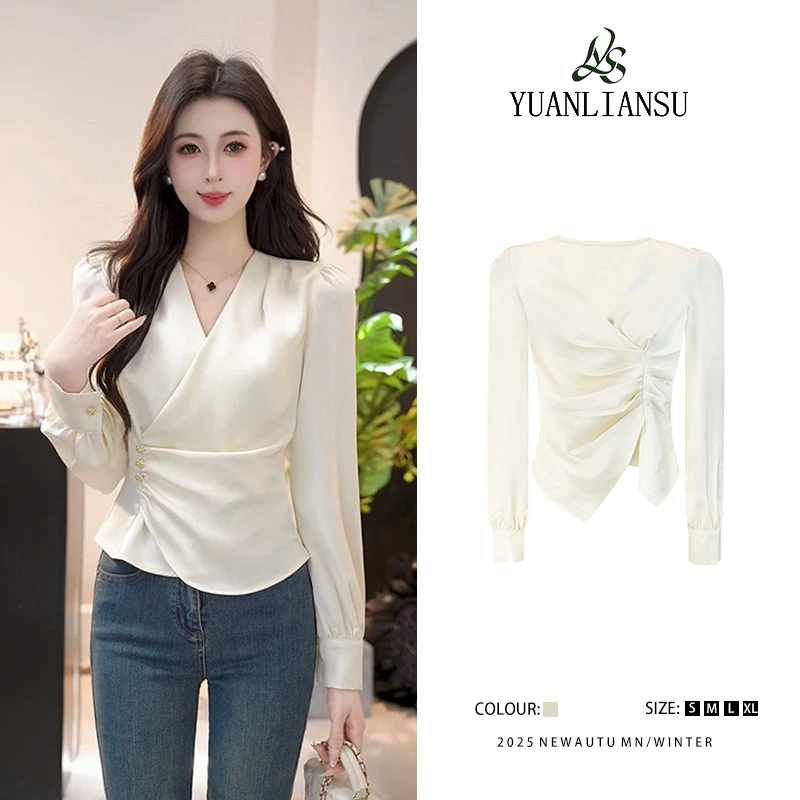 【冰白海屿】设计感缎面长袖打底衬衫女V领上衣