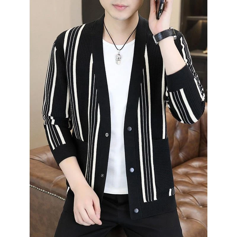 竖条纹针织开衫男款秋季爆款V领毛衣外套男装时尚潮流薄款披风帅