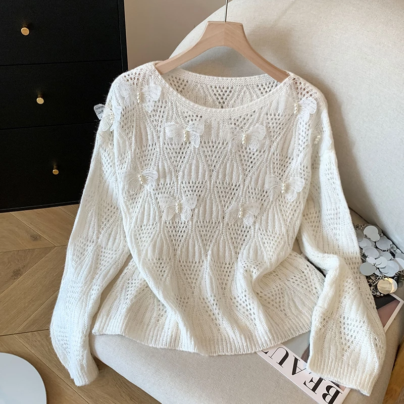早秋新款立体蝴蝶镂空针织衫长袖毛衣时尚外穿小衫圆领套头上衣女