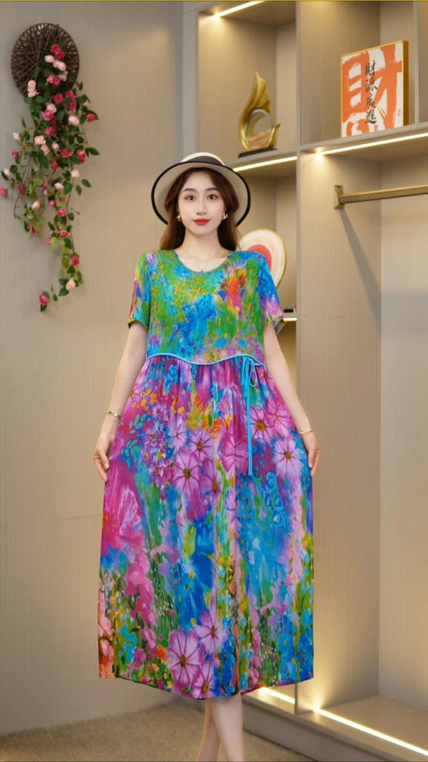 妈妈装连衣裙丝缎高工艺直喷女装【圆领天池】PS
