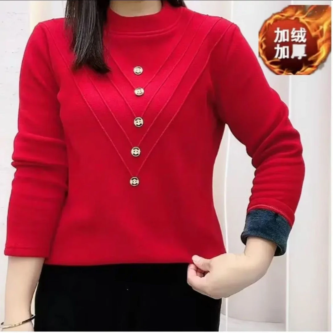 秋冬新款加绒打底衫女一体绒保暖德绒发热半高领上衣洋气内搭小衫