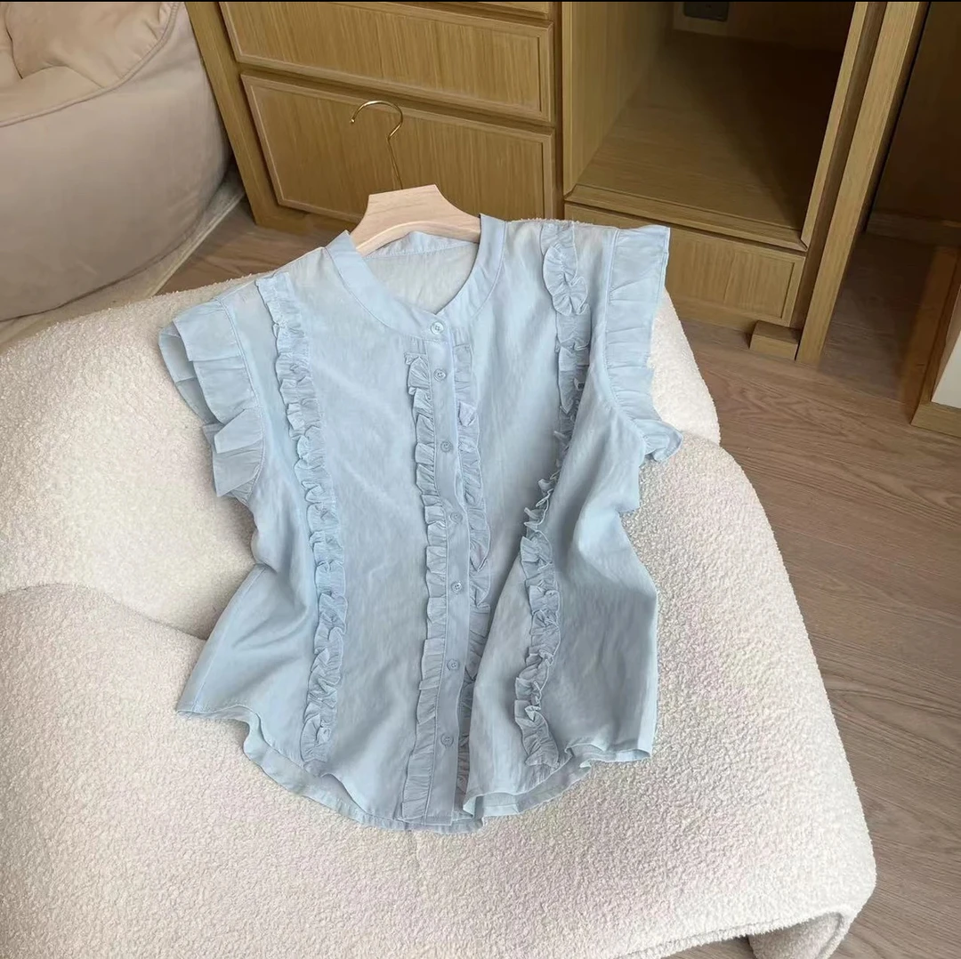 四色夏季荷叶边春季单排多扣衬衫娃娃领泡泡袖夏款外套韩版