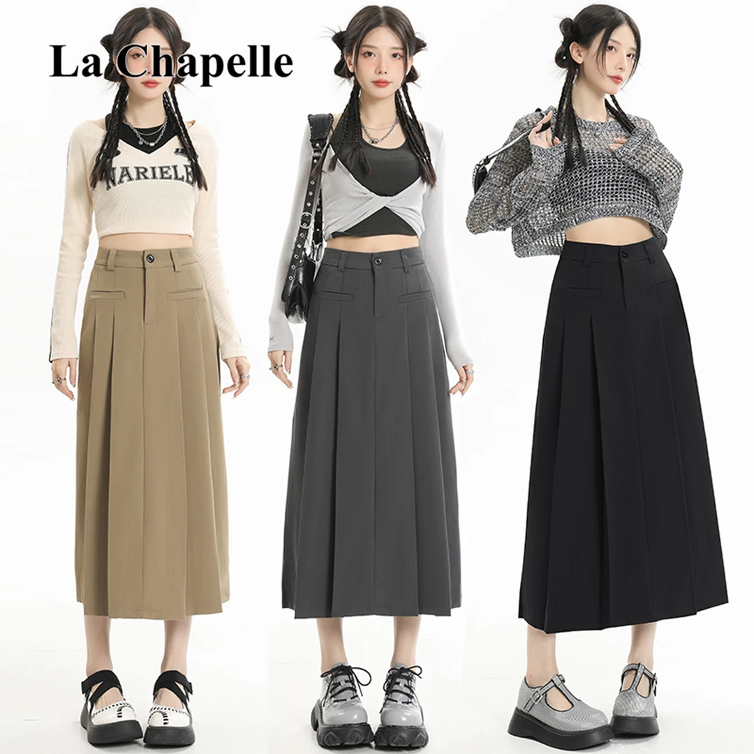 拉夏贝尔2025秋季西装半身裙高腰休闲小个子A字气质显瘦百褶裙女