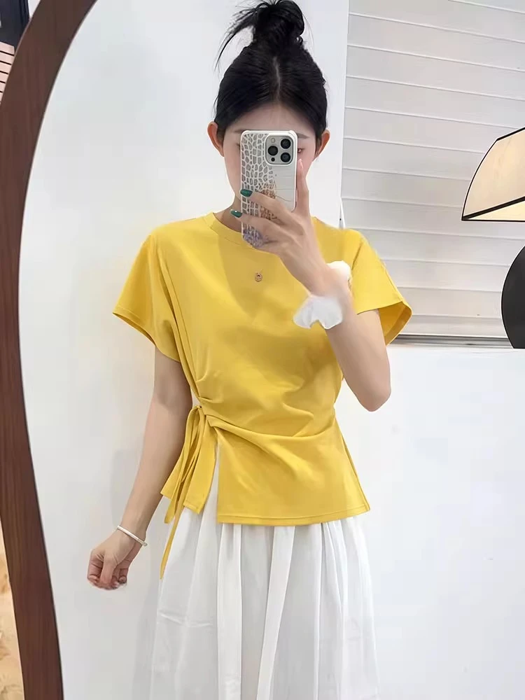 韩式设计款绑腰收腰袖口翻边t恤短袖女2025不规则短款上衣