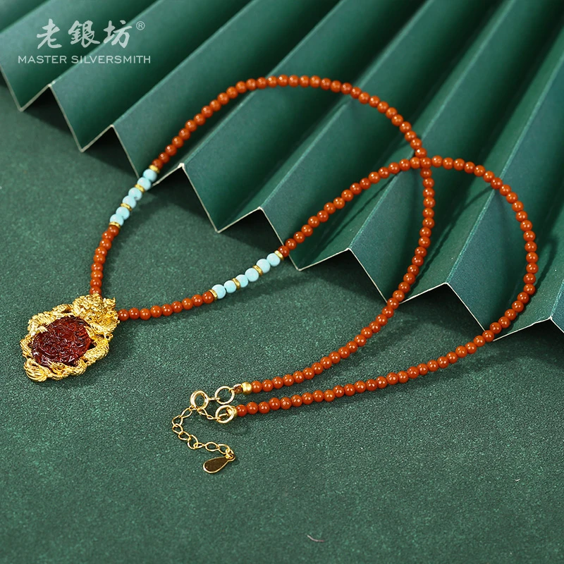 【老银坊】s925银血珀龙镶大黑天南红项链 0022967