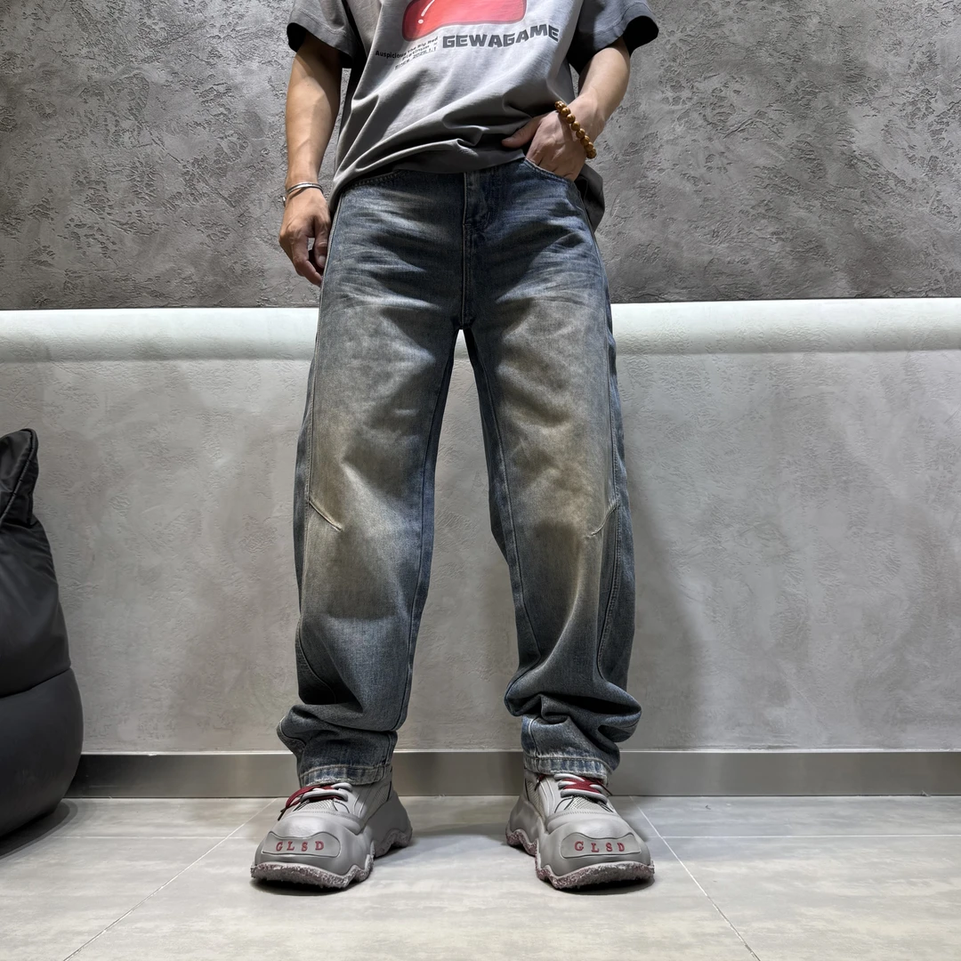 秋季新款美式直筒水洗复古做旧男士牛仔裤潮流宽松高街百搭长裤男