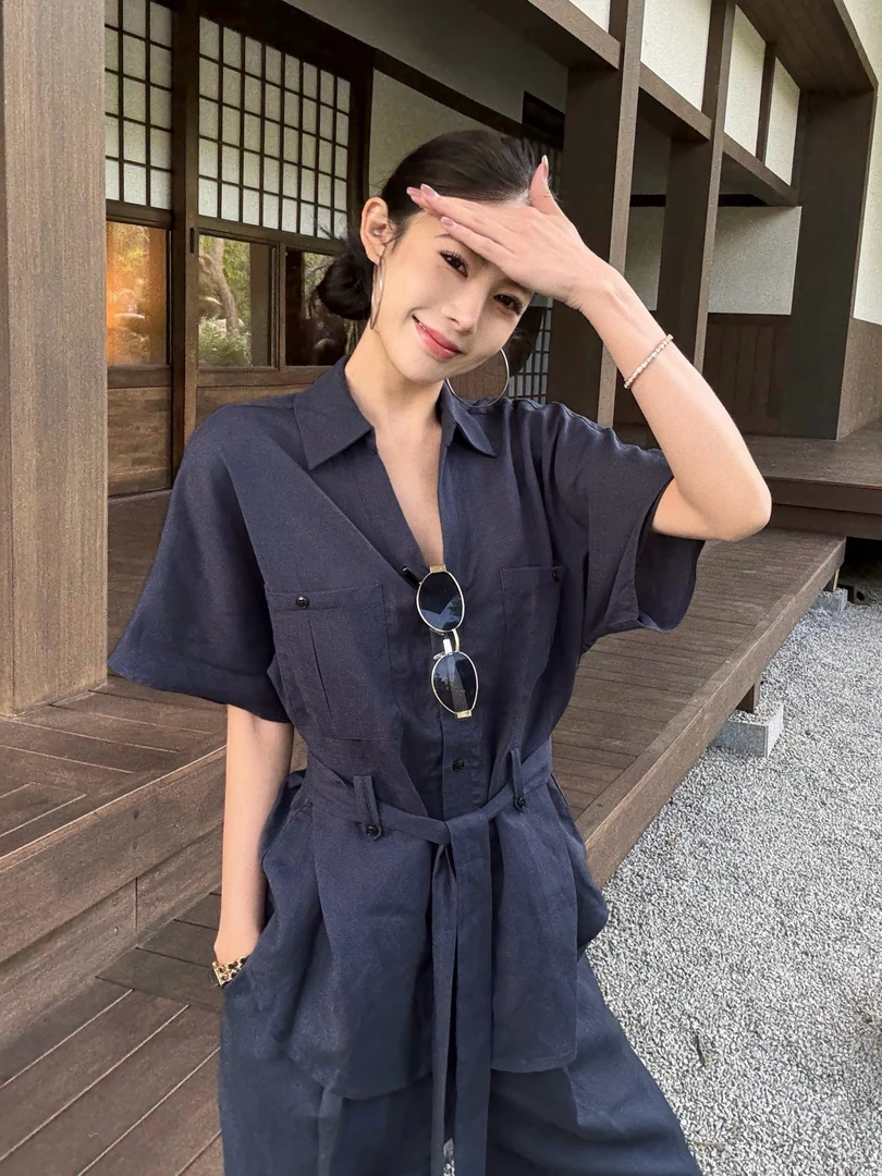 休闲工装翻领老钱风套装短袖衬衫高腰阔腿裤两件套装套装夏季