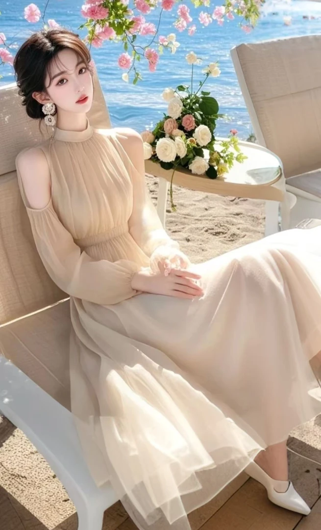 L929杏法式露肩雪纺连衣裙2025新款春装度假风独特别致收腰长裙