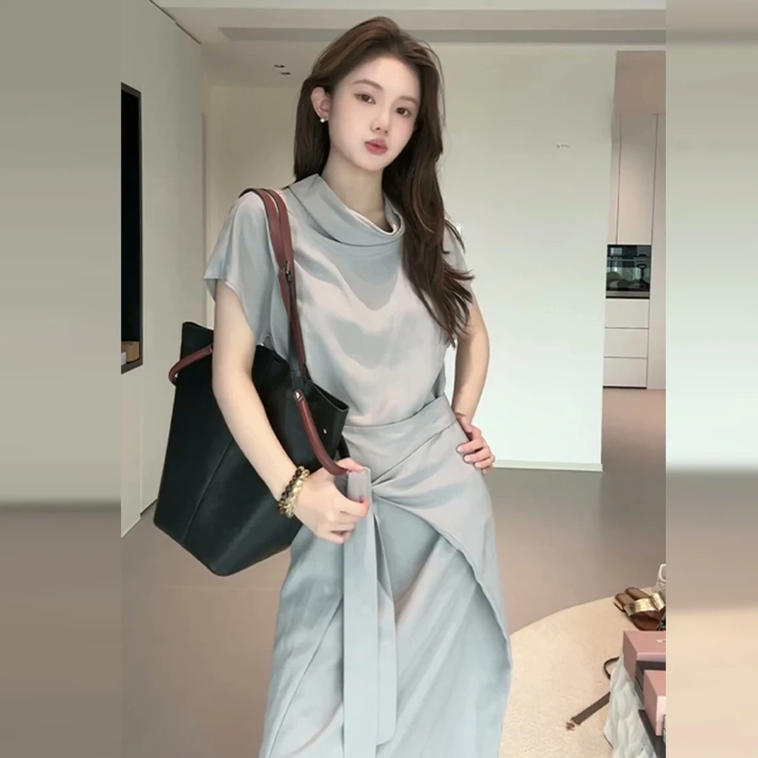 灰色荡领连衣裙子女夏季新款今年流行爆款巨好看收腰绝美长裙4358