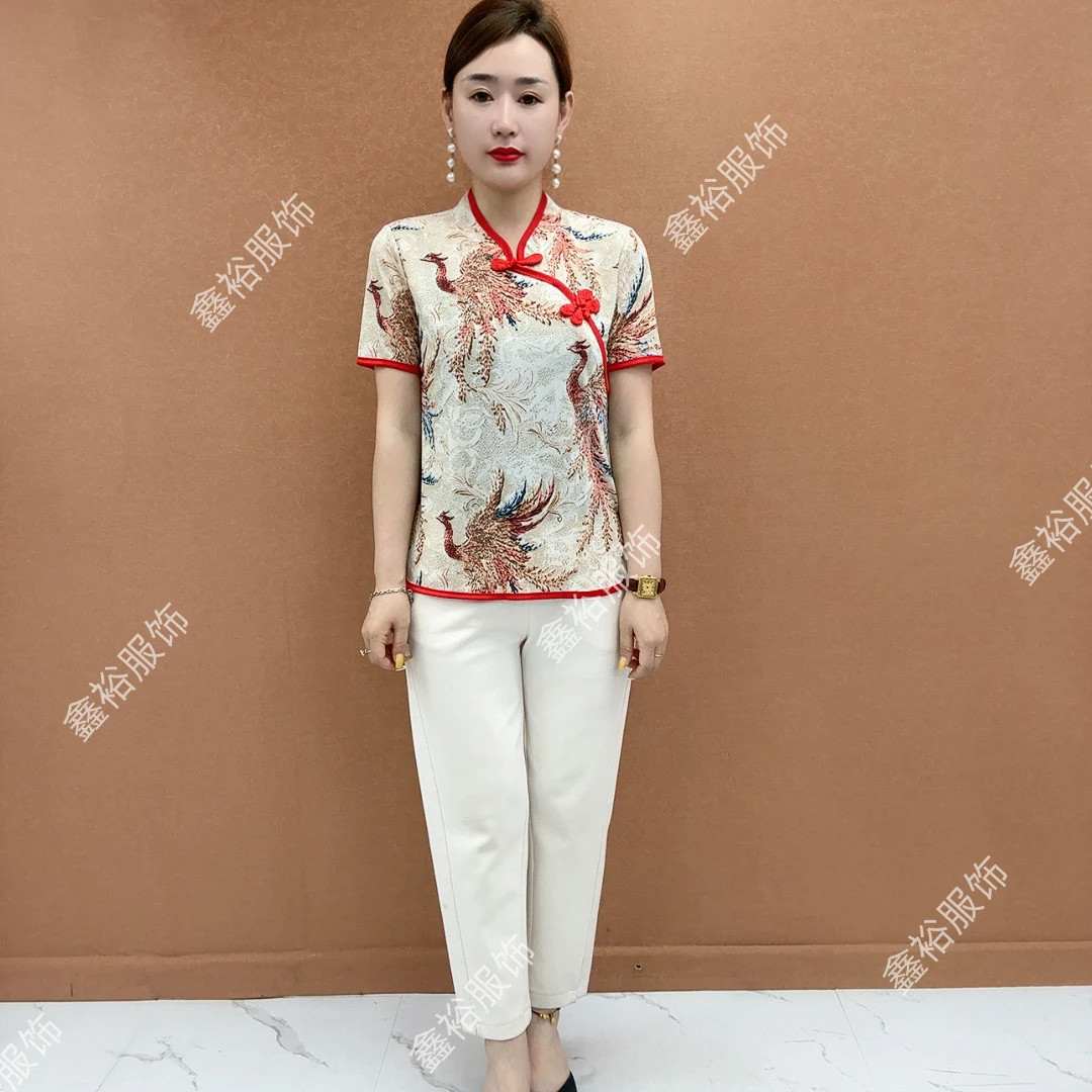 2025夏季新款印染斜襟薄款短袖上衣气质时尚洋气复古中老年妈妈装