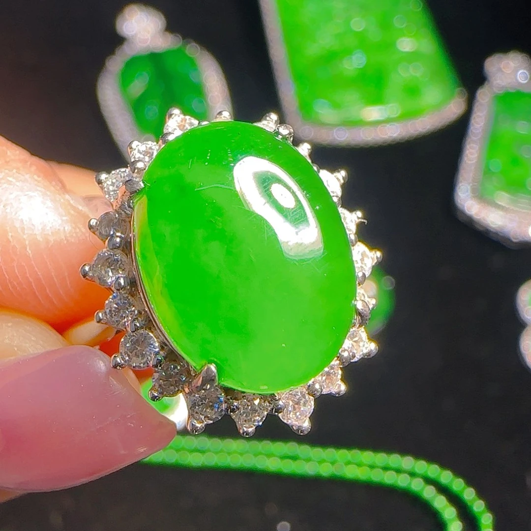 翡翠戒指银S925镶嵌天然