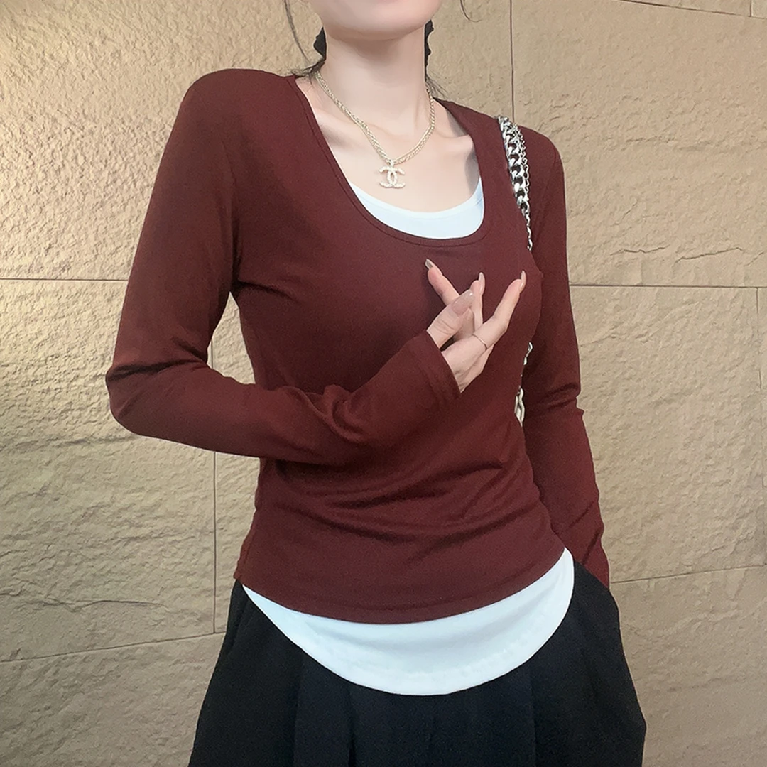 撞色拼接假两件U领长袖T恤春秋设计感小众百搭弧形下摆打底上衣女