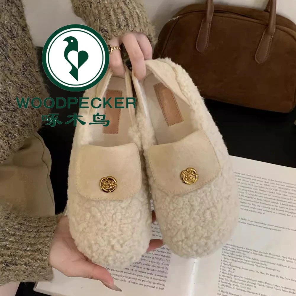 啄木鸟小香风加绒保暖毛毛鞋女2025年新款外穿踩跟棉鞋平底豆豆鞋