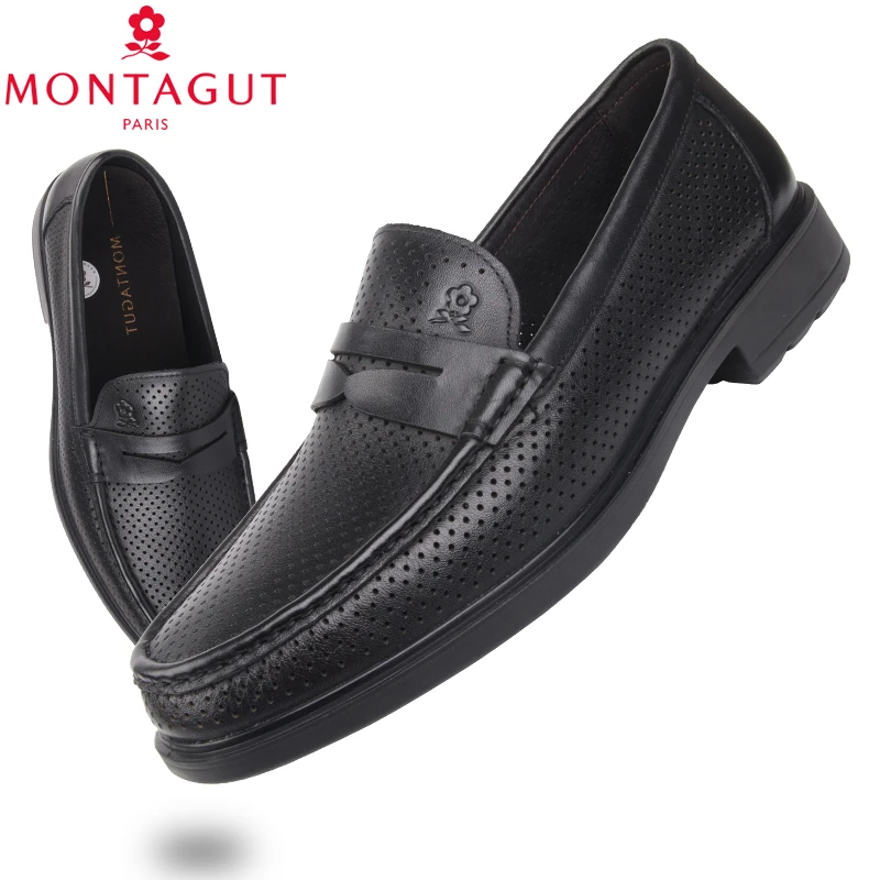 梦特娇男鞋新款夏季透气男士皮鞋一脚蹬乐福商务休闲打孔皮凉鞋男