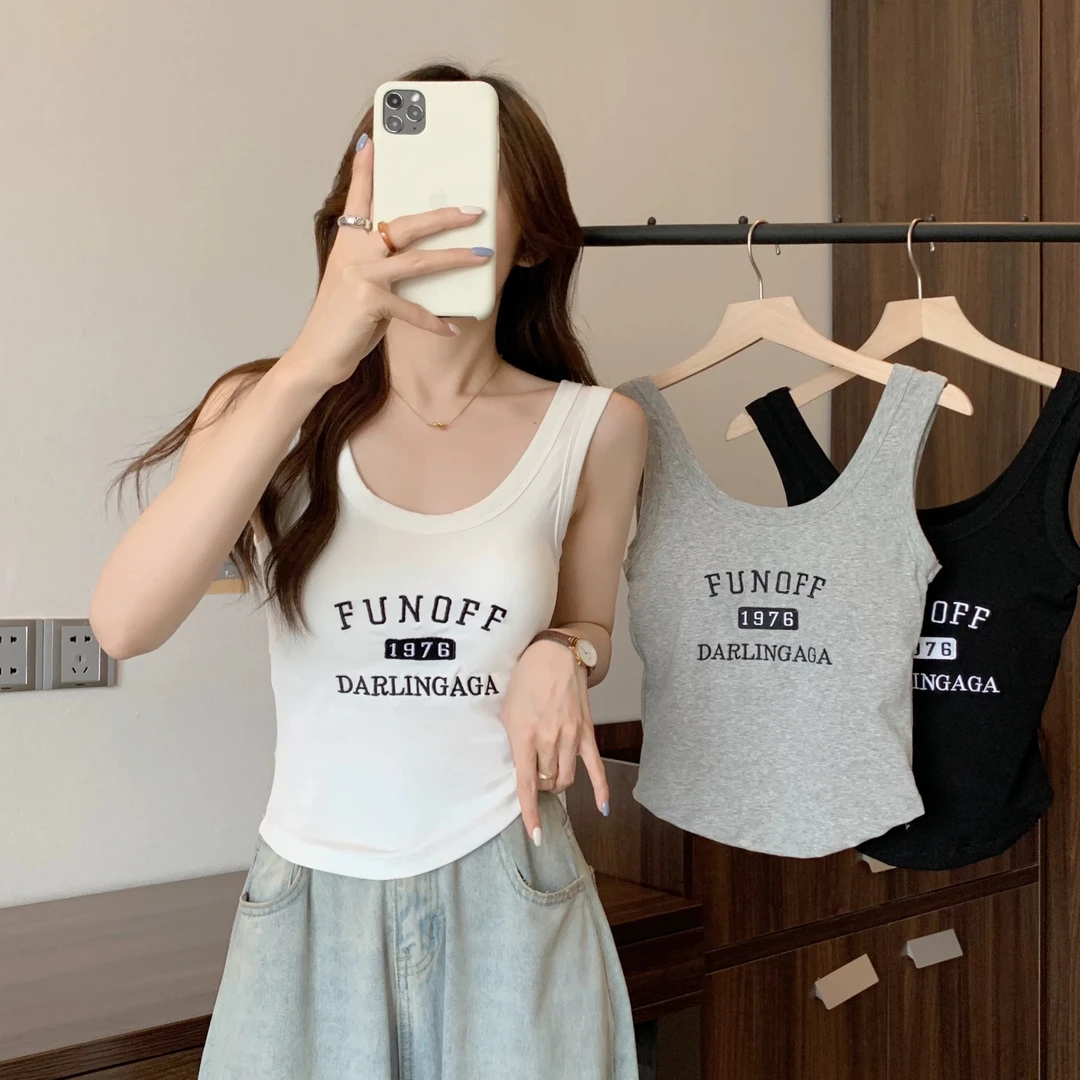 2025辣妹新款时髦休闲撞色字母百搭舒适一体式无钢圈吊带背心上衣