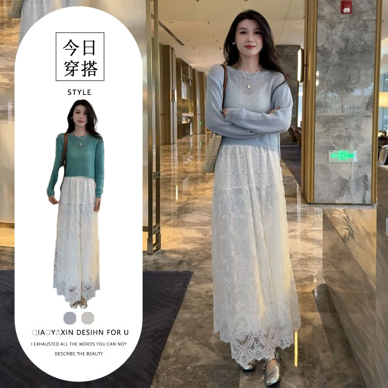 新款温柔风穿搭套装后背纽扣设计感亮丝长袖罩衫上衣+蕾丝半身裙