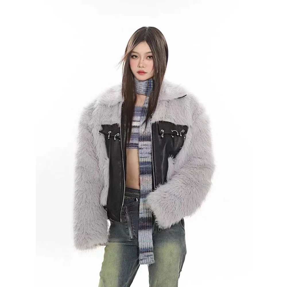 秋冬新款开衫皮拼接防貂毛皮草外套毛绒夹克棉服