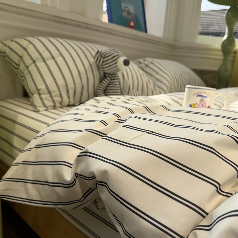 易安阁简约黑白色条纹纯棉磨毛四件套全棉被套秋冬加厚1.5m1.8米