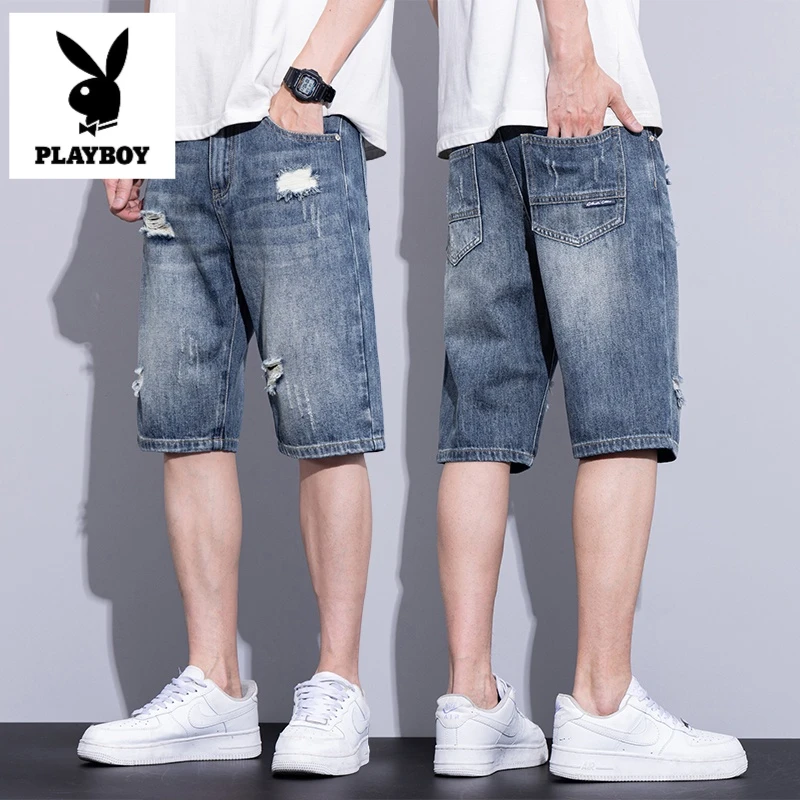 花花公子花花公子夏季冰丝薄款牛仔短裤弹力破洞中裤休闲修身直筒