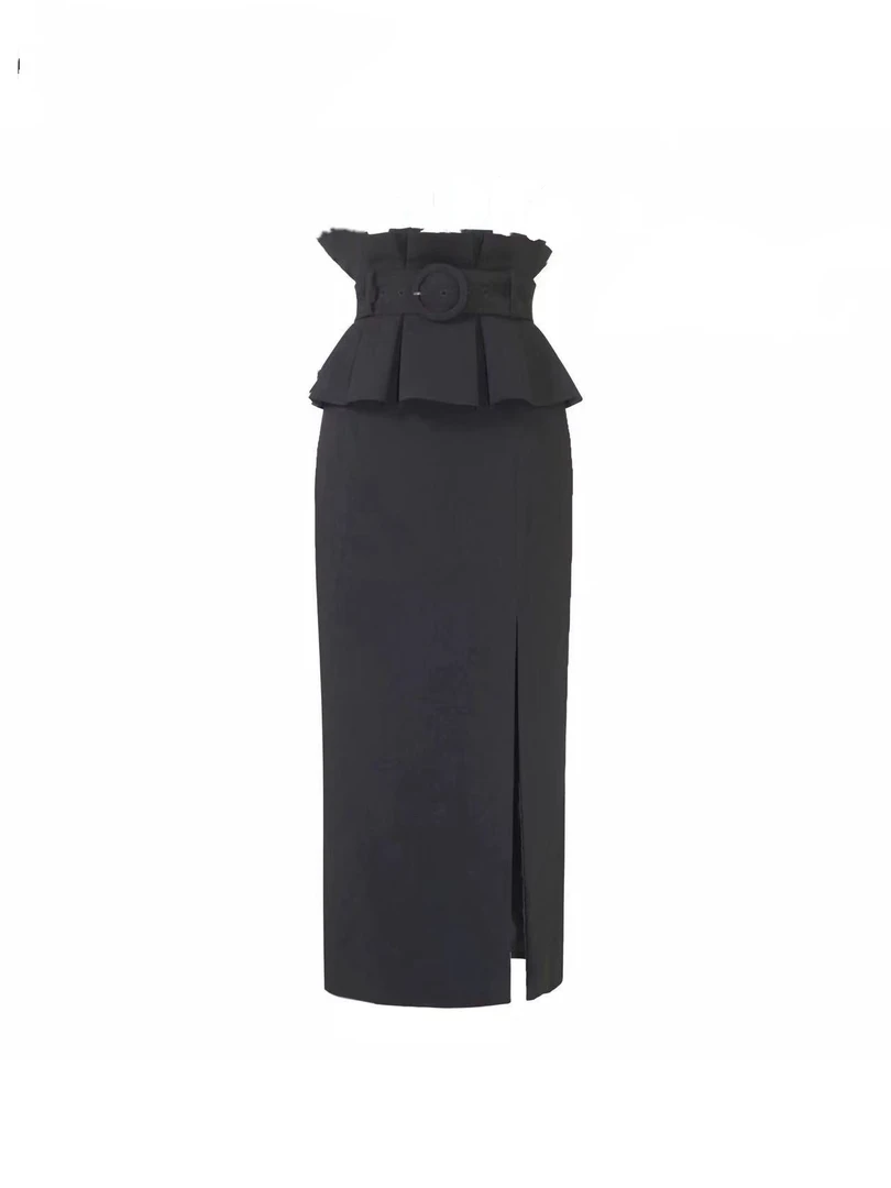 531#媛荷叶宽腰封半裙简约优雅高腰包臀裙OL风知性气质长裙