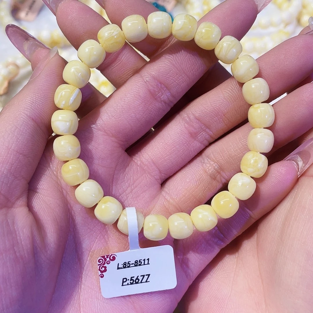 琥珀未镶嵌颈饰8.5mm 奶瓷白纯蜡细纹拉丝妖花