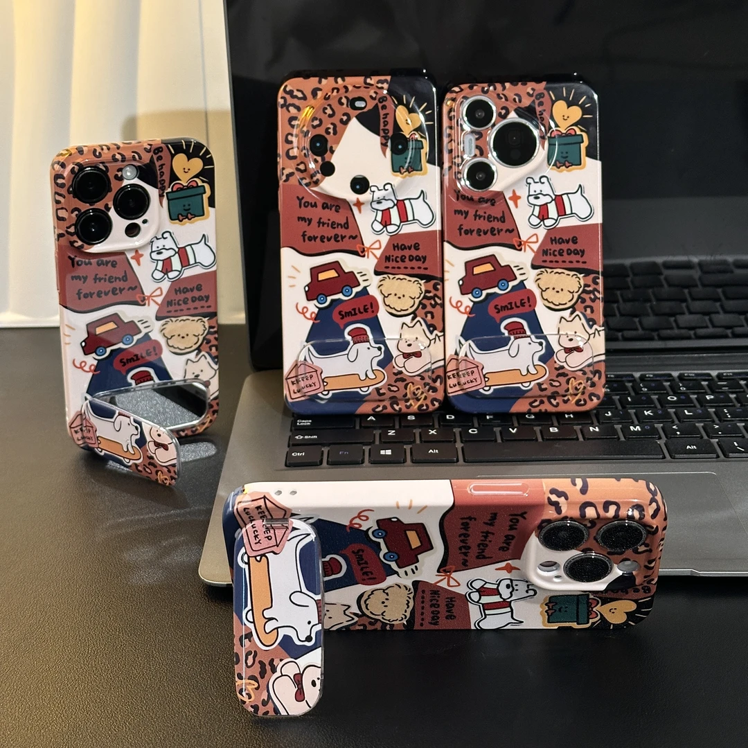 卡通复古小狗支架适用苹果16/17手机壳华为P70vivoppo小米15菲林