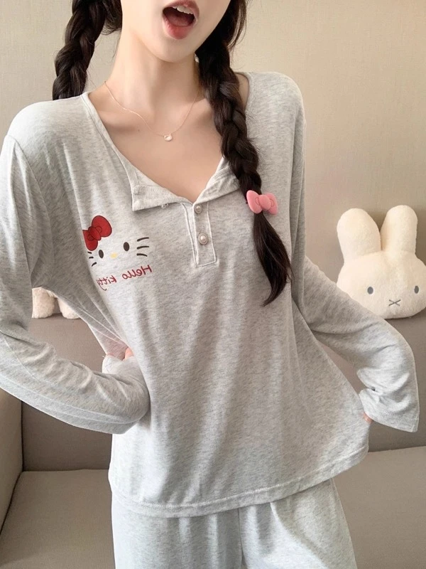 新款带胸垫睡衣女春秋季莫代尔长袖长裤套装家居服休闲宽松可外穿