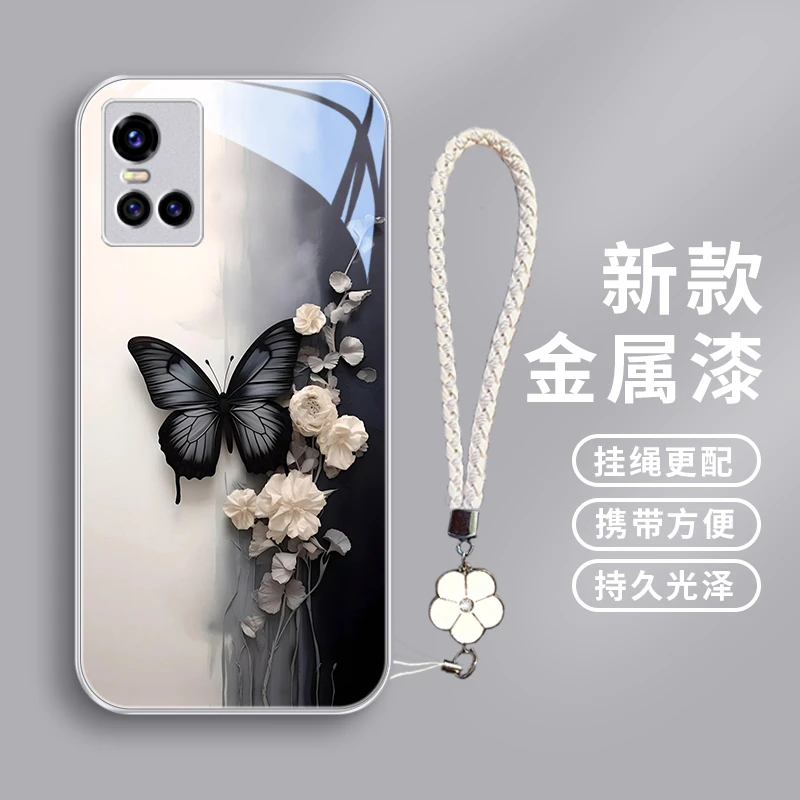 黑色蝴蝶适用vivos10手机壳s10pro玻璃壳s9防摔s9e女款s7挂绳s7e