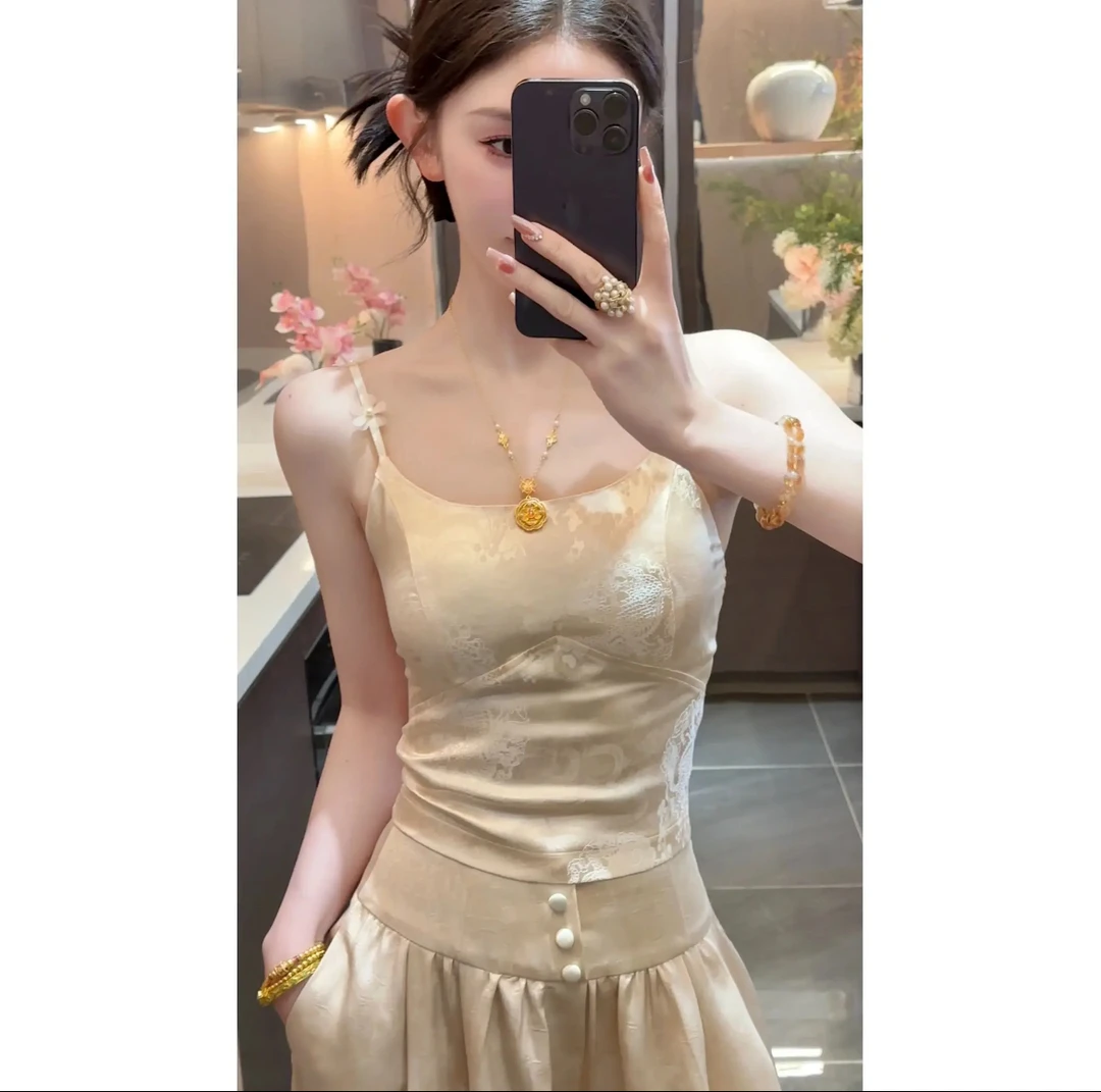 周粥女装铭顺-【花朵吊带】圆领新中式提花缎面吊带背心JJC5DD0817