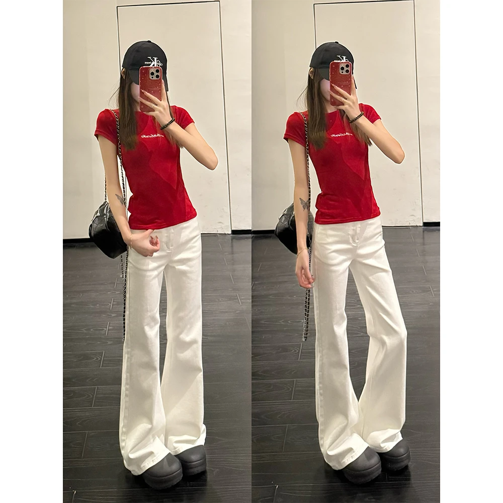 王家有鱼2025春季新款不贴腿白色微喇裤修身显瘦百搭牛仔裤女裤子