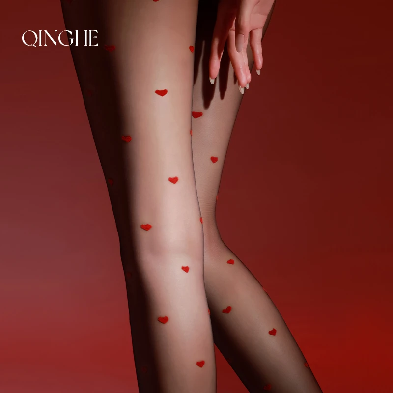 轻禾「沐心」520红色桃心提花黑丝丝袜纯欲甜美高透超薄性感连裤袜
